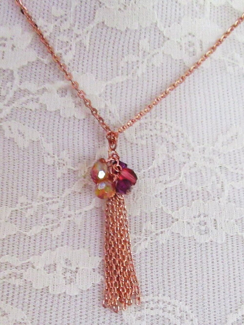 Tassel pendant copper tone chains with rose and purple colored beading NEW!